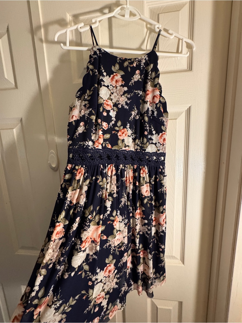 By & By Navy Floral A-Line Dress with Lace See-Through Waist